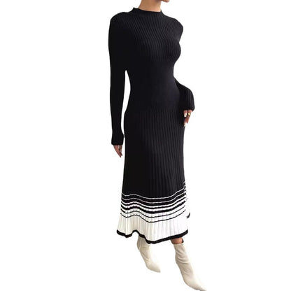 Women's Woolen Skirt Black And White Stripes Dress