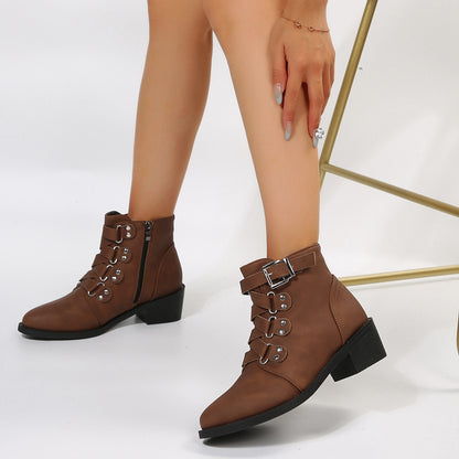 Women Ankle Boots With Side Zipper And Belt Buckle Knight Boot Winter Square Heel Pointed Toe Shoes