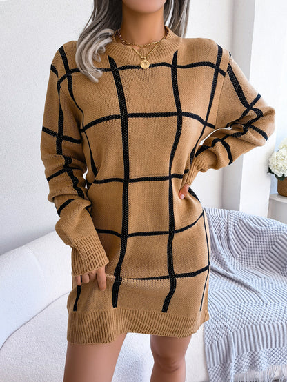 Casual Contrast Color Plaid Long Sleeve Base Sweater Dress