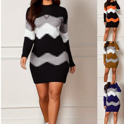 Mid-length Short Skirt Round Neck Long Sleeve Printed Knitted Sheath Dress