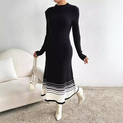 Women's Woolen Skirt Black And White Stripes Dress