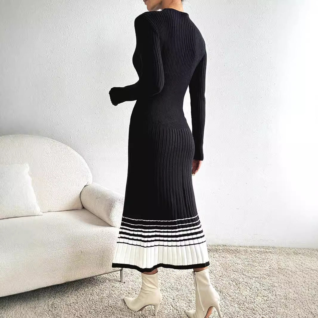 Women's Woolen Skirt Black And White Stripes Dress