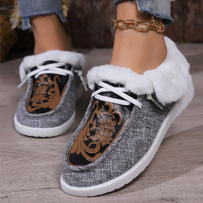 New Round Toe Flower Printed Canvas Flats Shoes Winter Casual Warm Plus Velvet Women's Plush Shoes