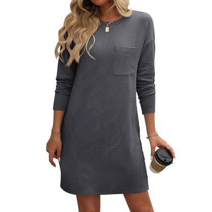 New Solid Color Striped With Pockets Long Sleeve Dress Fashion Round Neck Straight Dress Women's Clothing