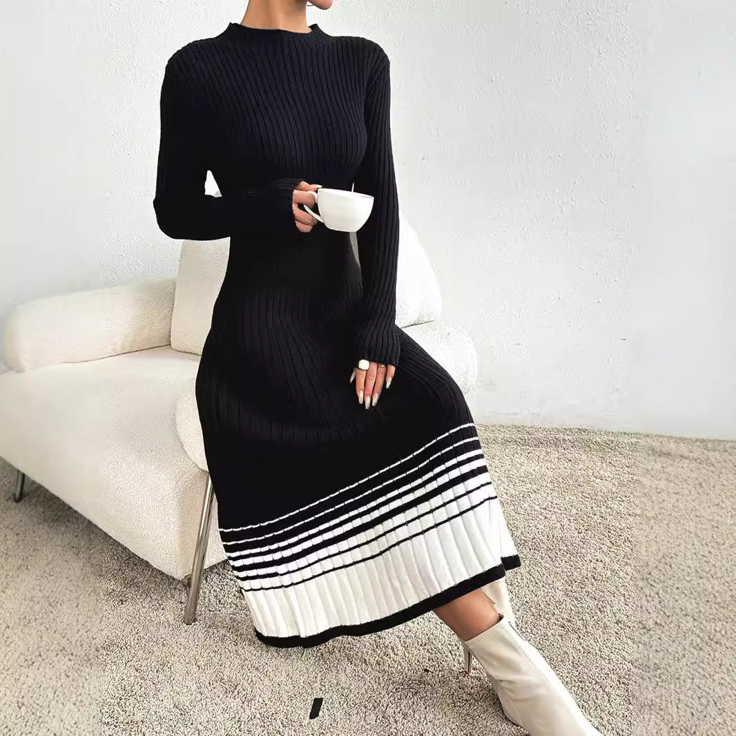 Women's Woolen Skirt Black And White Stripes Dress