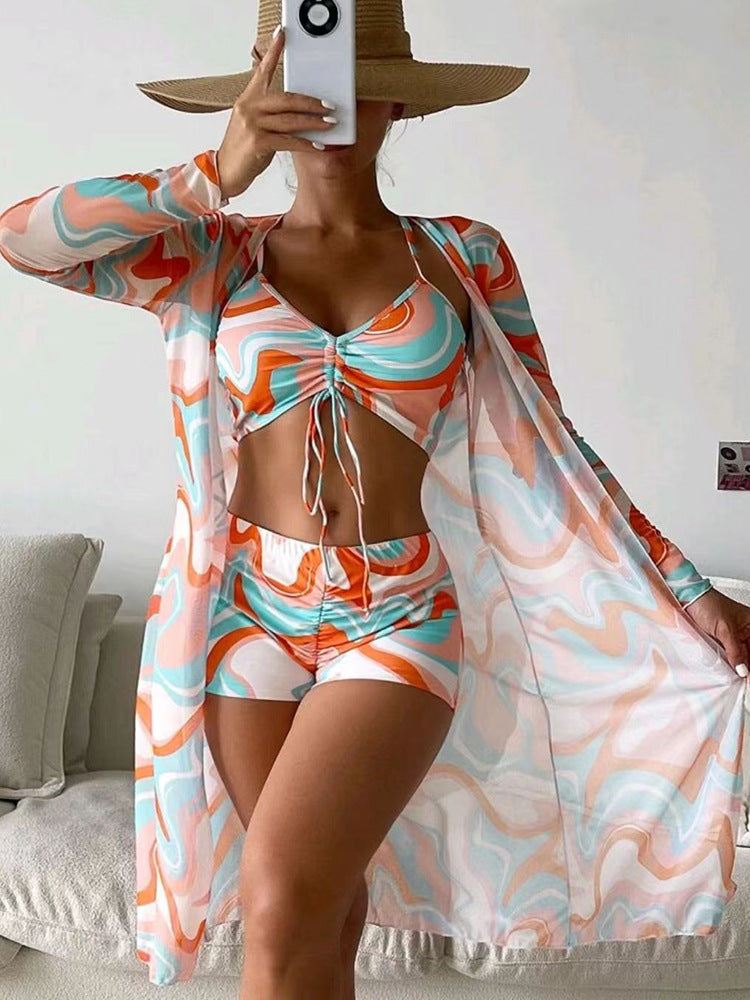 3pcs Pring Bikini With Long Sleeve Cardigan Fashion Summer Beach Swimsuit Women