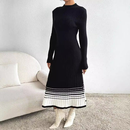 Women's Woolen Skirt Black And White Stripes Dress