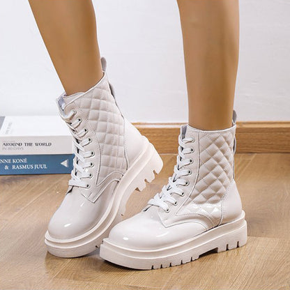 Lace-up Thick-heeled Boots Winter Casual Round Toe Platform Ankle Boots Women Fashion Quilted Pattern Minimalist Motorcycle Shoes